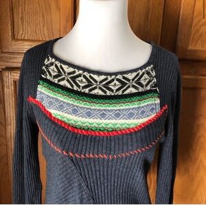 Anthropologie Tabitha Blue Embroidered Cashmere Wool Scoop Neck Sweater Size L